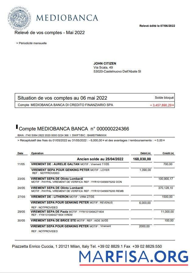 Blank Italy Mediobanca bank statement word template